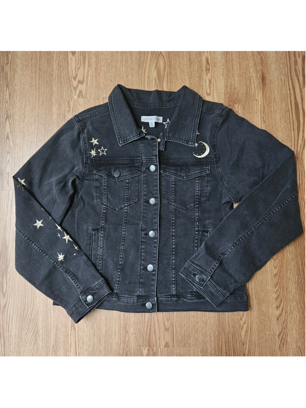 Cactus & Pearl Celestial Gold Stars Moon Black Denim Jacket Womens Medium